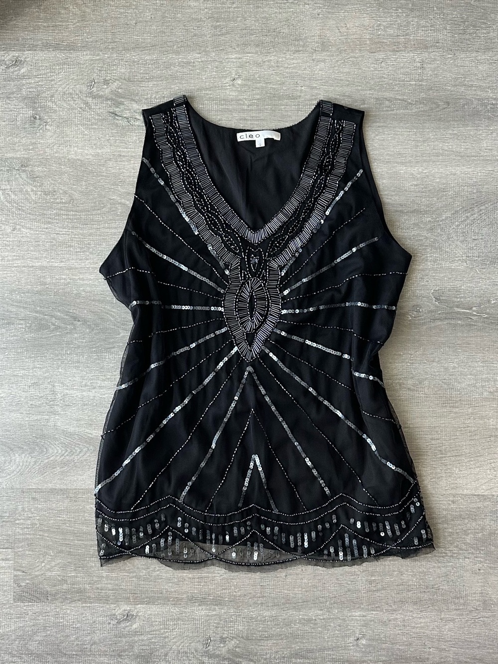 Cleo Black Beaded and Sequins V-Neck Sleeveless Top Party Glam